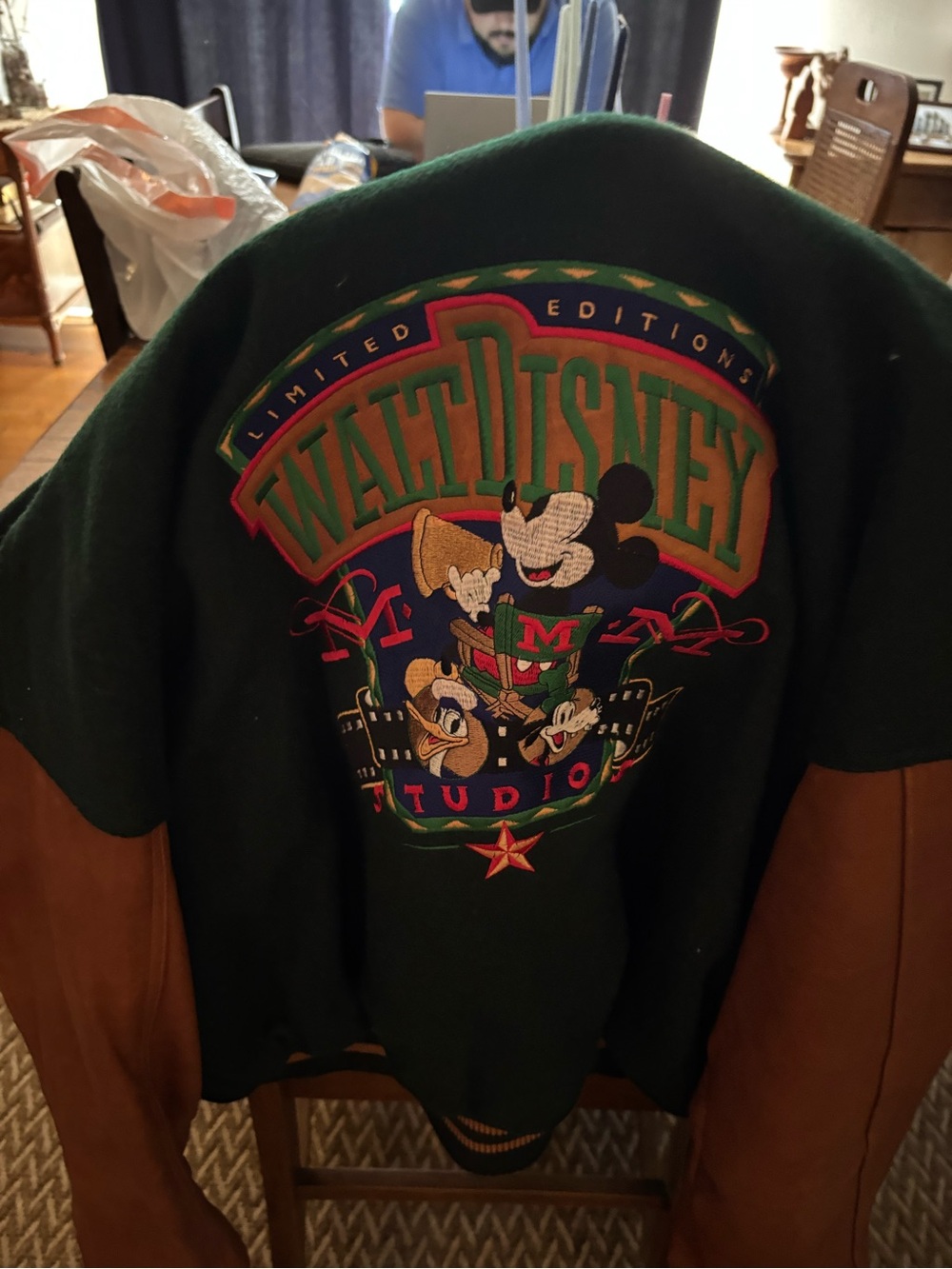 Disney Men's Green and Brown Zip-Up Sweater Jacket with Embroidered Mickey Art